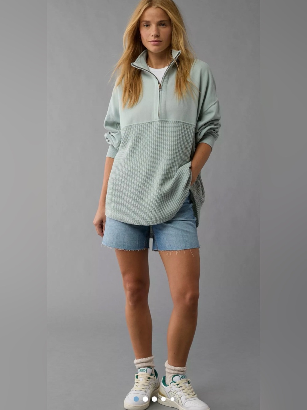 AMERICAN EAGLE Oversized Half-Zip Sweatshirt Size M SAGE WAFFLE KNIT